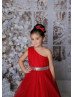 One Shoulder Red Tulle High Low Flower Girl Dress One Shoulder Red Tulle High Low Flower Girl Dress